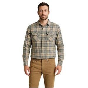 RVCA Plaid Flannel Button Up size Medium Tan Blue White Classic